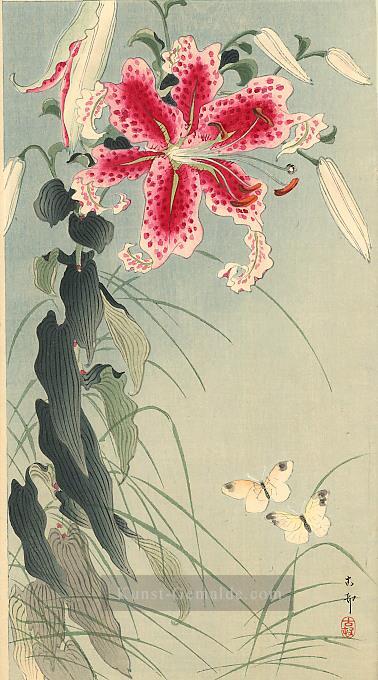 Lilie und Schmetterlinge Ohara Koson Japanisch Ölgemälde